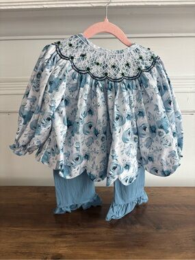Southern Darlin Smocks Blue Floral Smocked Kids Matching Set